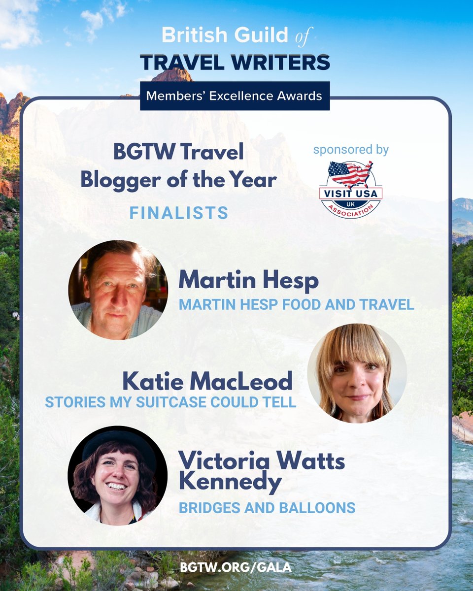 TravWriters's tweet image. 🥁 Announcing the BGTW Members’ Excellence Awards “BGTW Travel Blogger of the Year” finalists, presented by @VisitUSA_UK 

📷 Congratulations to @martinhesp, @KatieMacL, &amp;amp; @VictoriaWattsK!

🏆revealed at tomorrow's gala: bgtw.org/gala