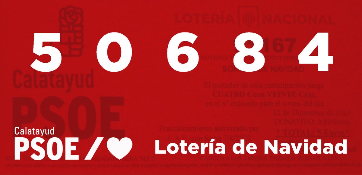 🎤 Se comunica que la LOTERÍA DE NAVIDAD de la Agrupación Local del PSOE de Calatayud se está agotando.
📌 No te quedes sin ella.
🖥️ Si estás interesado en adquirir alguna participación contacta con nuestra Agrupación en el correo calatayud@aragon.psoe.es
<a href="/PSOECalatayud/">PSOE Calatayud</a>