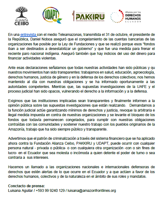 udapt_oficial's tweet photo. Pronunciamiento público de la @udapt_oficial @AlianzaCeibo @pakkiru_org  y @DDHH_Alianza ante la Audiencia judicial sobre ilegal y abusivo bloqueo de fondos a organizaciones de la sociedad civil https://t.co/8E0ethCKga