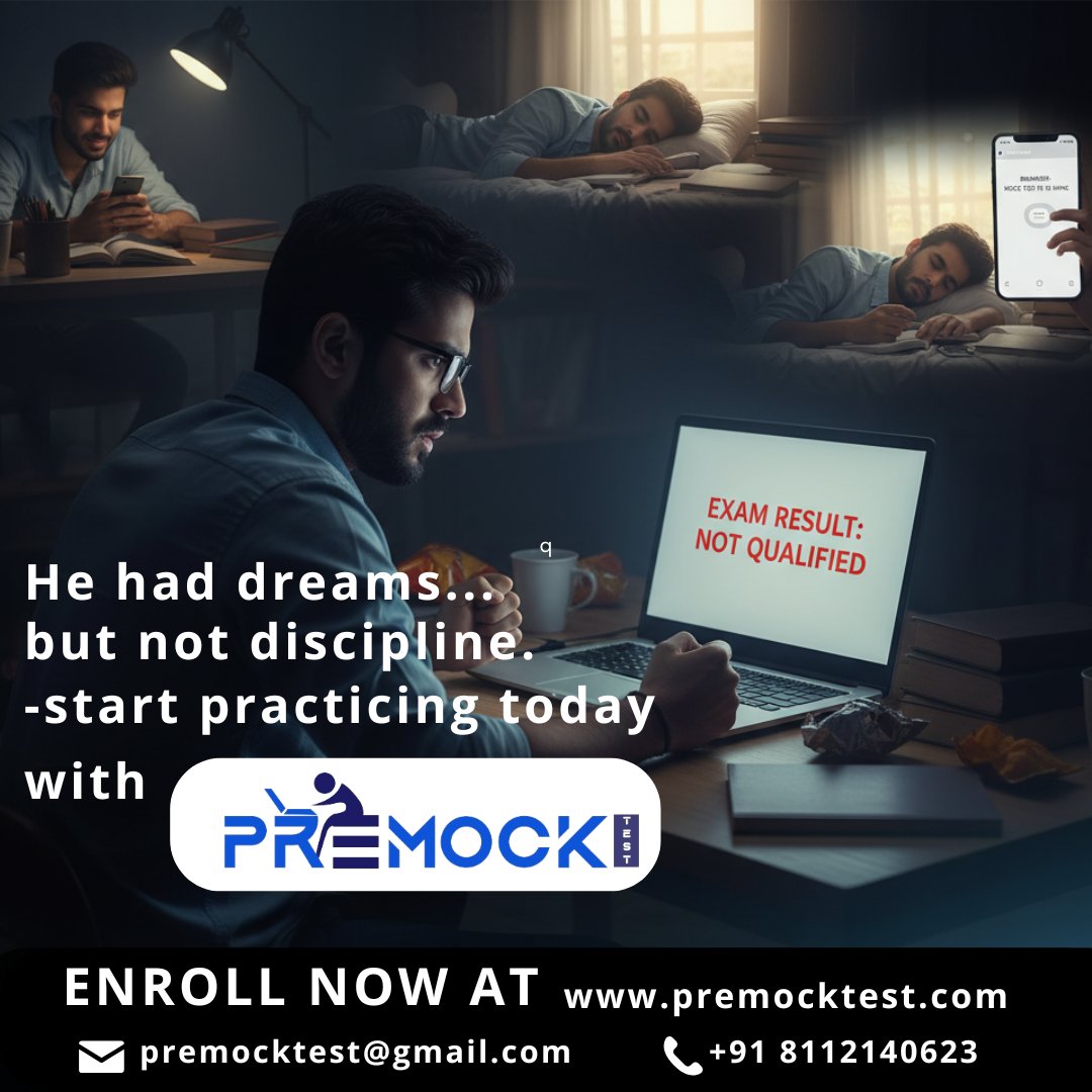 PremockT90018's tweet image. He had dreams… but not discipline. Don’t wait for regret — start practicing today with PreMockTest.
#PreMockTest #NoMoreRegrets #StartPracticingToday #DisciplineOverDreams #ExamPreparation #MockTestIndia #GovernmentJobs #StudyMotivation #SuccessStartsHere #PracticeMakesPerfect