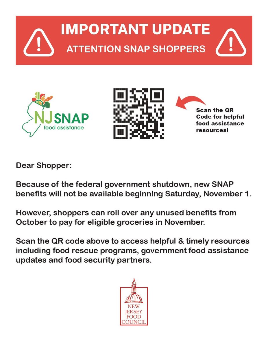 SNAP helps NJ residents access nutritious food. Although no new funds are available today, benefits from previous months are accessible. Find local food assistance resources by visiting: linktr.ee/SNAPNJ Please help spread the word! #NJFood #SNAP #FoodAssistance #NJSNAP