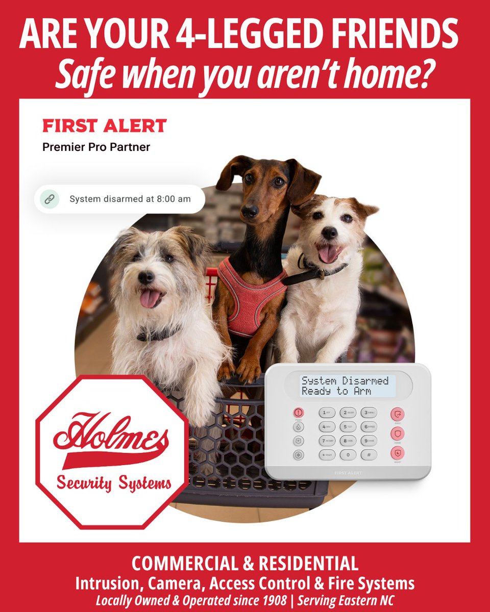 HolmesSecurity's tweet photo. You may lock the door when you leave… but who’s watching over your 4-legged friends while you’re gone?
A monitored security system, cameras, and life-safety devices from Holmes give you peace of mind.
Locally staffed 24/7/365 and proudly serving Eastern NC since 1908. https://t.co/GYqsf29EVX