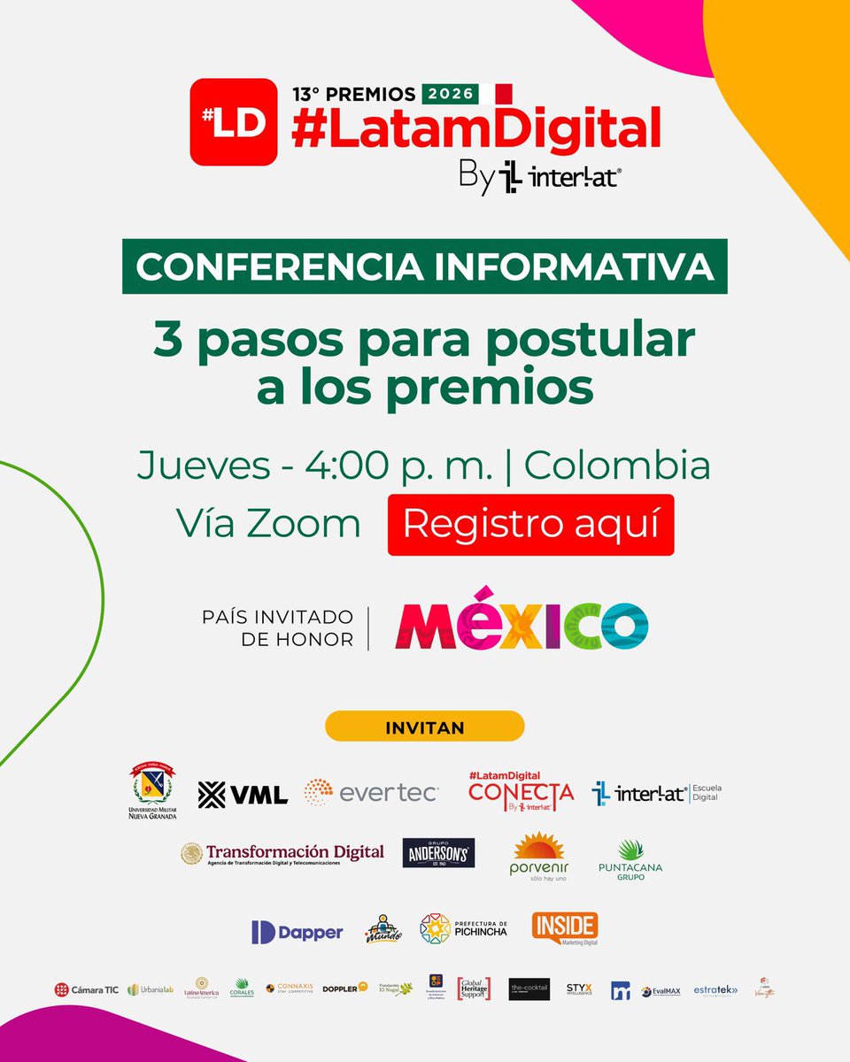 lcchaquea's tweet image. 🚀 ¿Listo para llevar tu proyecto al escenario digital más importante de Latinoamérica? Aprende los 3 pasos para postular a los 13º Premios #LatamDigital 2026 By @Interlat 🌎✨
🎥 Únete al webinar gratuito y asegura tu cupo 👉 interlat.co/postulaciones-… #LatamDigital2026
