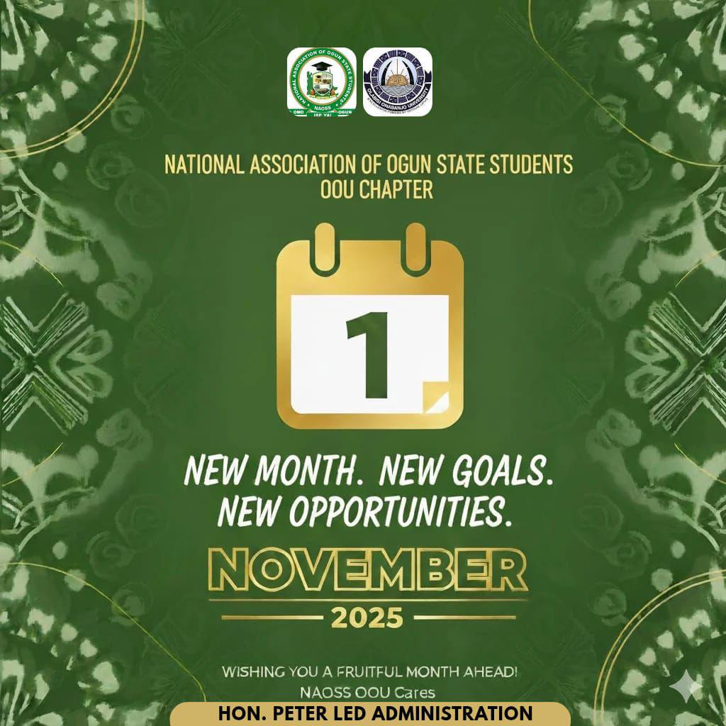 We’re not just students; we’re a movement.

Born of Ogun soil, molded by grit, and driven by purpose.

Every new month is another chance to show the world who Omo Ogun truly are. 🔥
#NAOSSOOU
#OmoOgunNiMi