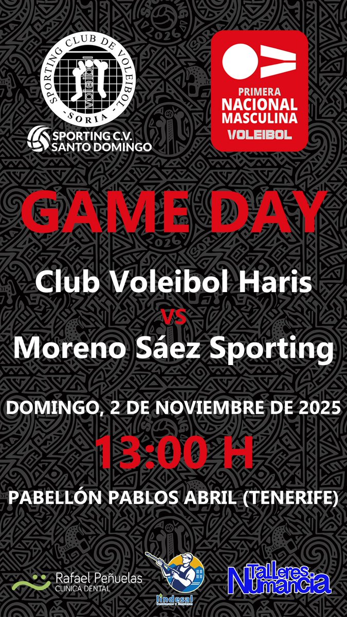 🚨🚨 ¡GAME DAY! 🚨🚨

🏆 Primera División Masculina
🏐 Jornada 5
🆚 Club Voleibol Haris
📆 2 de noviembre de 2025
⏰ 13:00 h.
📍Pabellón Pablos Abril

@clinicarafaelpenuelas @talleresnumancia @cantera_haris #SportingSantoDomingo #PrimeraDivisiónMasculina #Voleibol #SomosCantera
