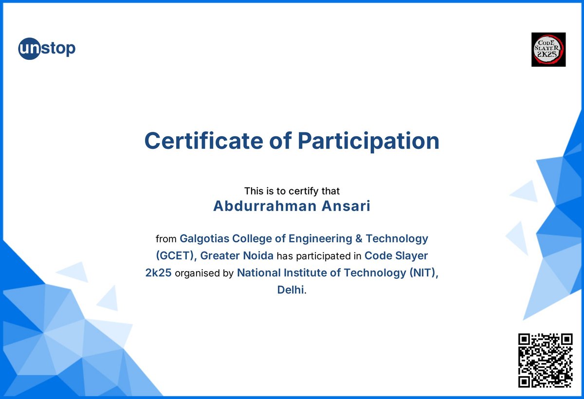 sir176109's tweet image. Proud to have participated in Code Slayer 2k25 organised by NIT Delhi!
Learned a lot, improved problem solving, teamwork &amp;amp; leadership throughout the competition. 🚀🔥

On to more hackathons + more growth 💻⚡️

#CodeSlayer2k25 #NITDelhi #Coding #Leadership #Teamwork #TechJourney