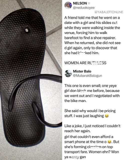 yabaleftonline's tweet photo. Man abandoned by a lady after his palm slippers got dam@ged during their date. https://t.co/ZlViIq2C10