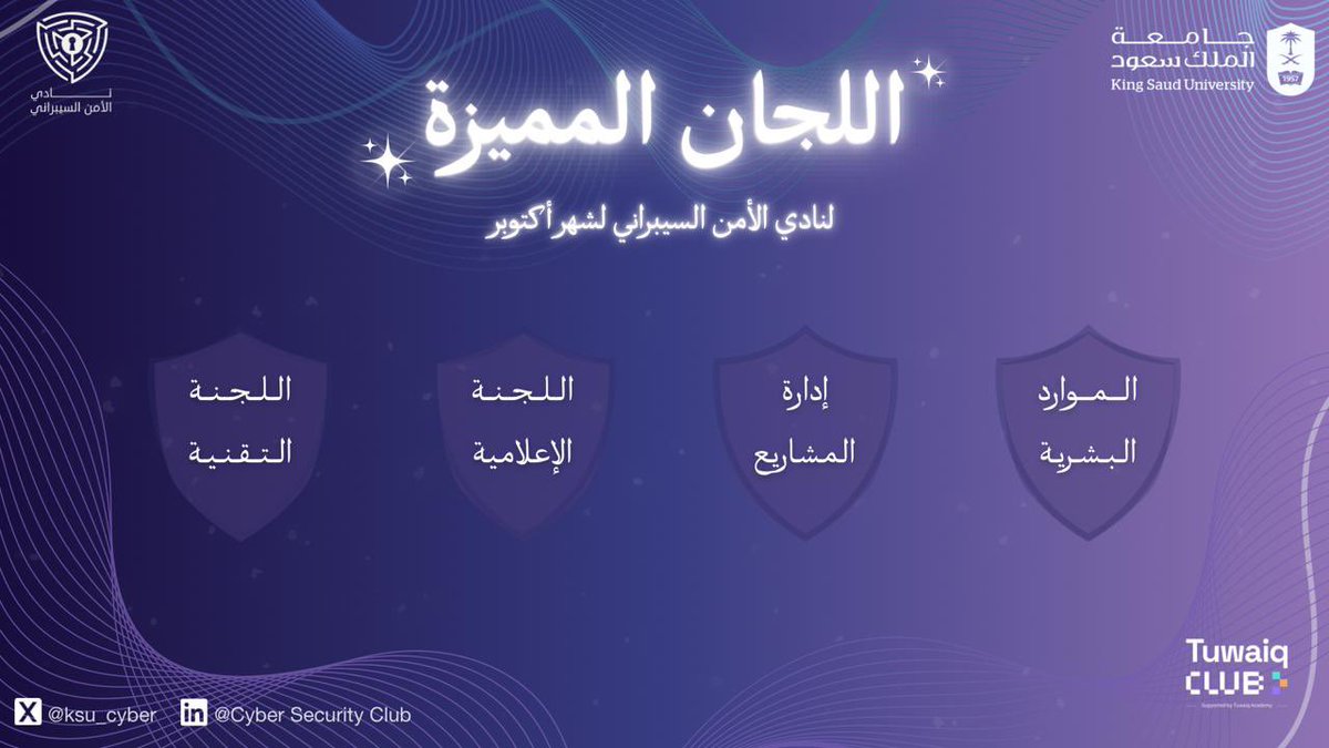 KSU_Cyber's tweet photo. يُقدّم نادي الأمن السيبراني خالص شكره وتقديره لكافّة منسوبيه المتميزين لشهر اكتوبر على جهودهم الملموسة وإسهامهم في رفع مستوى النادي وتميّزه https://t.co/N3TsThGq57
