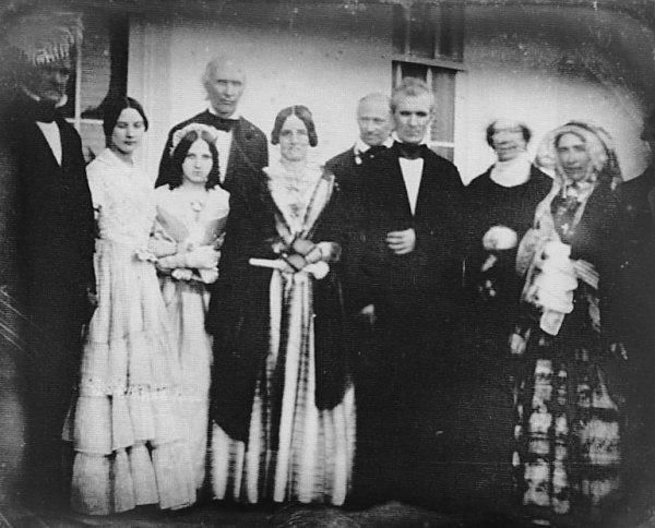 Two presidents (James K. Polk in the center, his secretary of state James Buchanan on the left) meet James Madison's widow Dolley (fuzzy, 2d from right) at the White House.