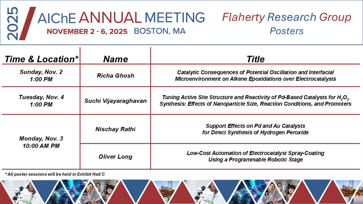 Tomorrow begins the #AIChE2025 annual meeting hosted by <a href="/ChEnected/">American Institute of Chemical Engineers (AIChE)</a> in Boston, MA. We are excited to release our schedule of wonderful presentations and posters, including Catalysis Travel Award Winner <a href="/hustonlocht/">Huston</a>, on heterogenous catalysis, electrocatalysis, and zeolites!