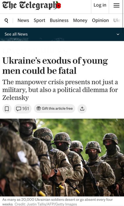 Screenshot of The Telegraph webpage with search bar navigation menu article headline in Ukrainian about Ukraines young men exodus being fatal as manpower crisis and political dilemma for Zelensky sharing options like gift article free below text notes 30000 soldiers absent every four weeks credit Justin Tallis AFP Getty Images photo of over 30 soldiers in green camouflage uniforms and balaclavas standing closely in sandy desert terrain some holding rifles facing camera.