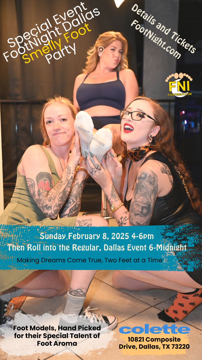 DYNAMITE’S BIRTHDAY BASH: FEB 8 2026 <a href="/footnight/">👣footnight.com👣</a>  DALLAS
Join me + special guests for a sweaty, sole-filled celebration!
SCHEDULE:

4-6PM: Birthday Extravaganza (raffles, VIP perks, cake!)

7PM-Midnight: Regular Footnight Party
VIP OPTIONS:
Smelly Foot VIP: Private space + 1