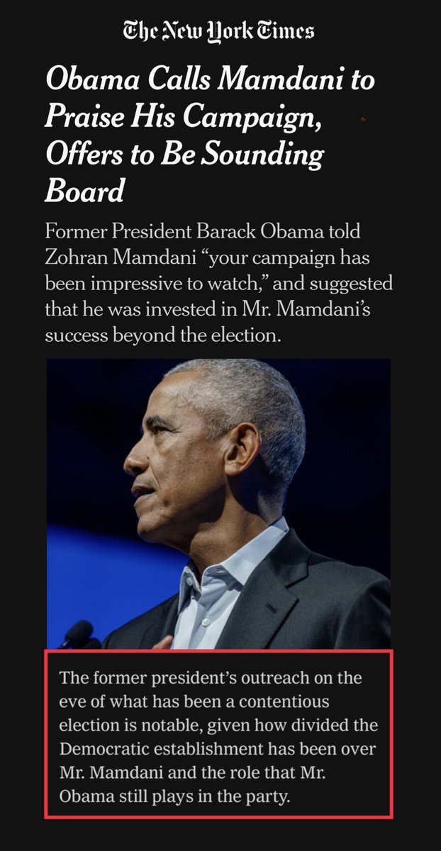 I hope this is the start of something big for Democrats‼️

NEW: Barack Obama personally called Zohran Mamdani, the front-runner for NYC mayor, to praise his campaign and offer to be a “sounding board.”

That’s not small talk. That’s Obama recognizing a movement built on