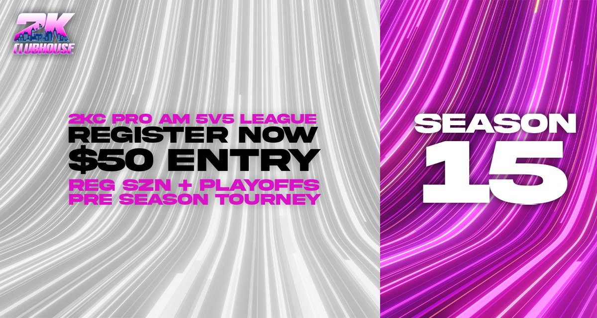 2KClubhouse's tweet image. 🚨 SEASON 15 IS HERE 🚨

2K CLUBHOUSE presents its Pro-Am 5v5 League!

⚔️ Pre-Season Tourney kicks things off
💰 $50 Entry
🎉Bring your squad, lock in, and battle for the crown this season 🔥

📅 Nov 10th – Season 15

Register Now: tinyurl.com/mr4xe2vb