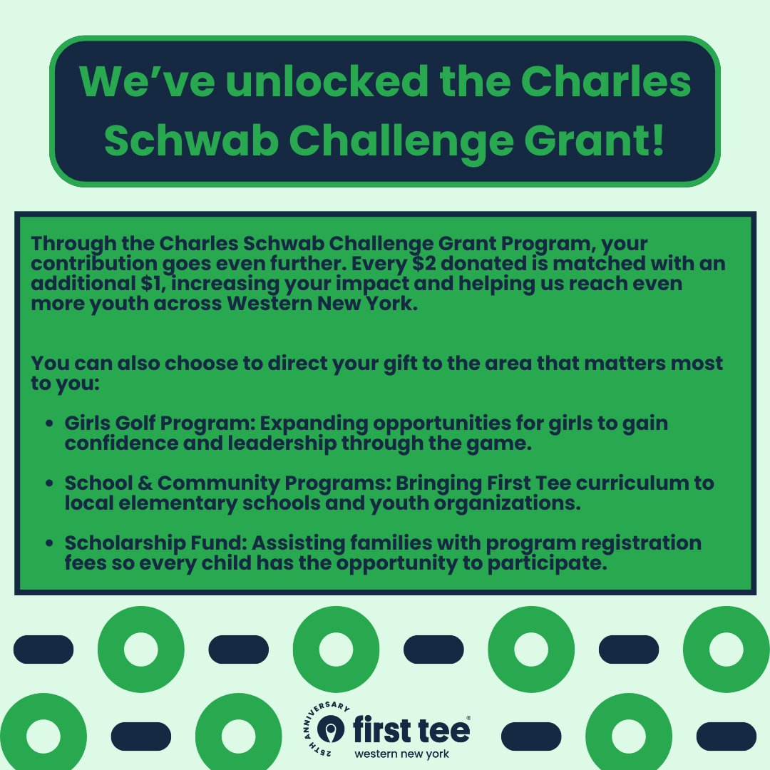 We have unlocked the Charles Schwab Challenge Grant! For every $2 donated, an additional $1 will be donated through the Charles Schwab Challenge Grant. As we enter this final quarter, we invite you to help us finish this milestone year strong. …stteewesternnewyork-bloom.kindful.com