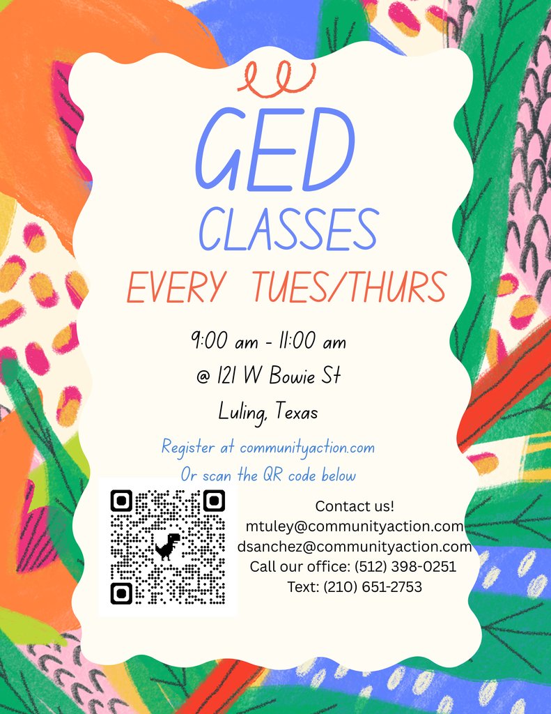 LulingISD's tweet image. GED classes right here in our community! Classes are open to anyone interested in earning their high school equivalency diploma and building a brighter future.

It’s never too late to achieve your goals — take the first step today!
