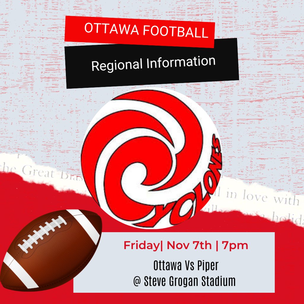 Come out and support the Cyclone football team this Friday as they compete in the 4A Regionals at Steve Grogan Stadium.  This is a KSHSAA event so please know that school issued passes can be accepted and event pricing is $8 for adults and $6 for students (K-12). 
#CyclonePride