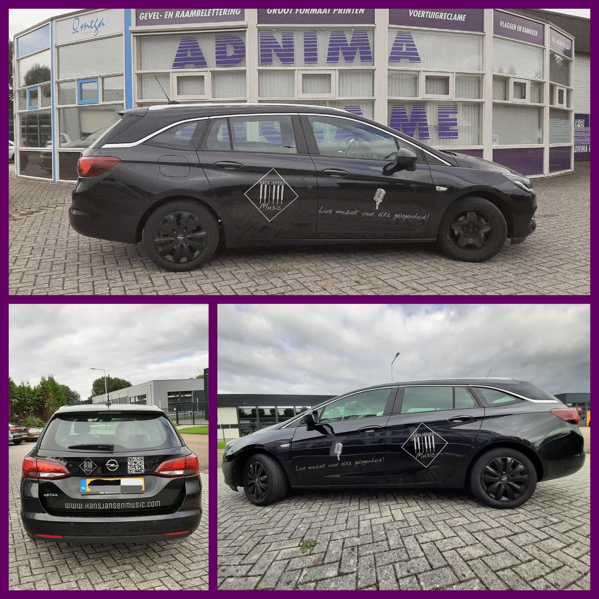 De Opel Astra van Hans Jansen Music beletterd..