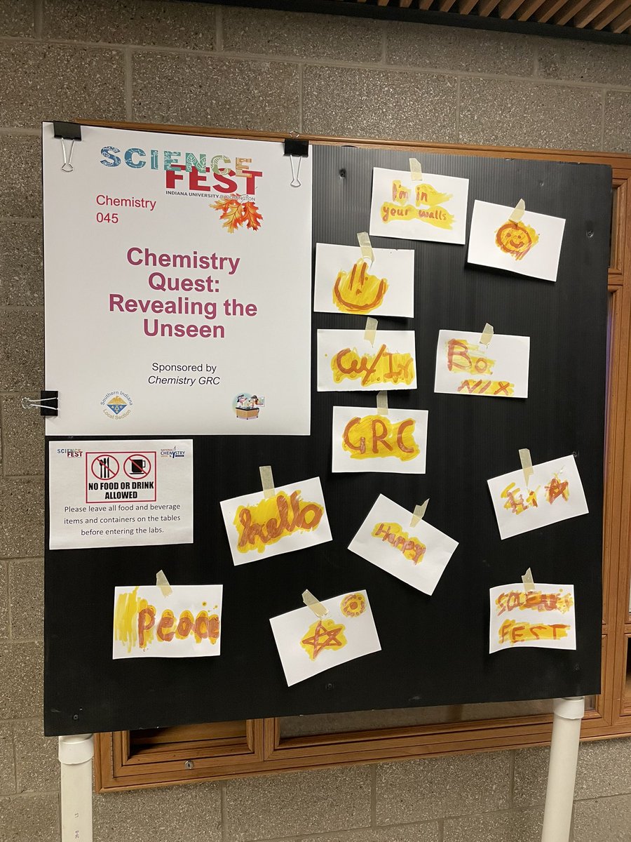Chem_GRC's tweet photo. ScienceFest is popping off at @IUBChemistry this year! Our invisible ink stand is producing bright wonders! 💡 https://t.co/vOANNnEPxj