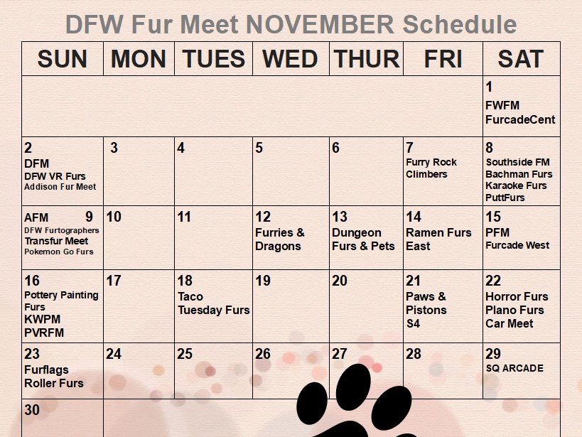 DFWFurs's tweet image. The November furmeet calendar is here #DFWFurs!

Please refer to the key to see organizers, locations, and requirements to attend for each meet! ❤️🐾