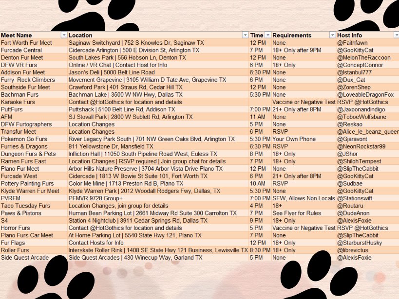 DFWFurs's tweet image. The November furmeet calendar is here #DFWFurs!

Please refer to the key to see organizers, locations, and requirements to attend for each meet! ❤️🐾