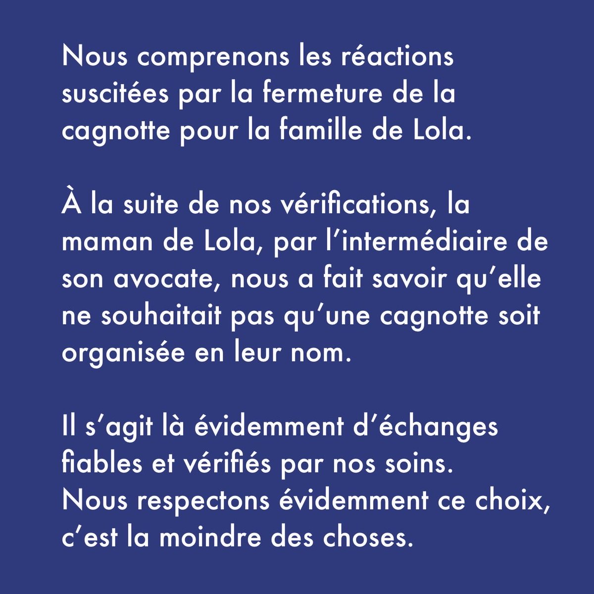 Lepotcommun's tweet photo. Suite à de nombreuses réactions concernant la cagnotte ouverte pour la famille de Lola, voici nos explications sur sa suspension et les remboursements à venir. Merci pour votre compréhension. https://t.co/3Uy6tyGDIq