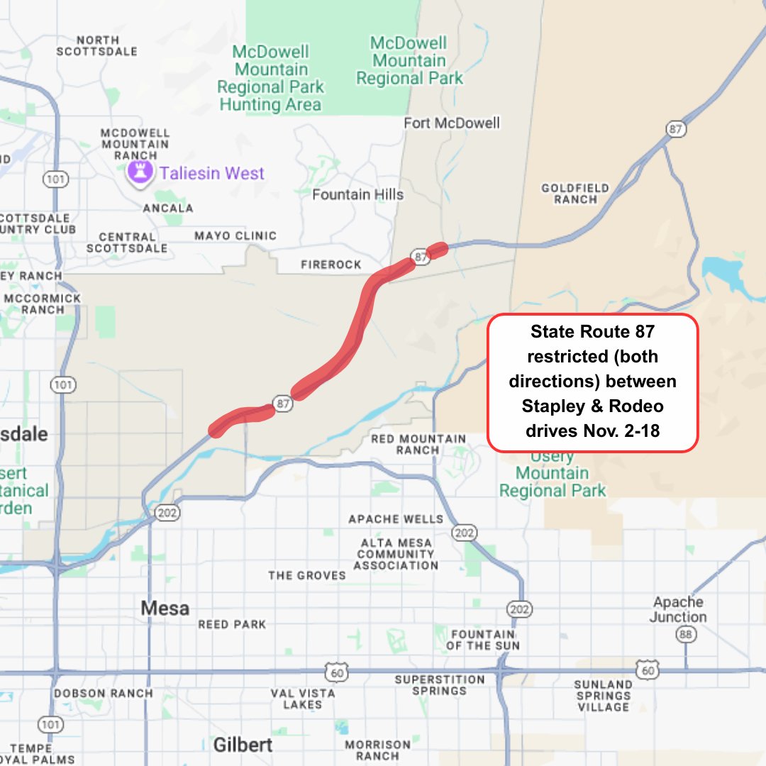 🚧 State Route 87 will be restricted in the Fountain Hills area from  Sunday, Nov. 2 through Tuesday, Nov. 18 for pavement maintenance. Details:  https://t.co/WbCM6giIPO, image size:1080x1080