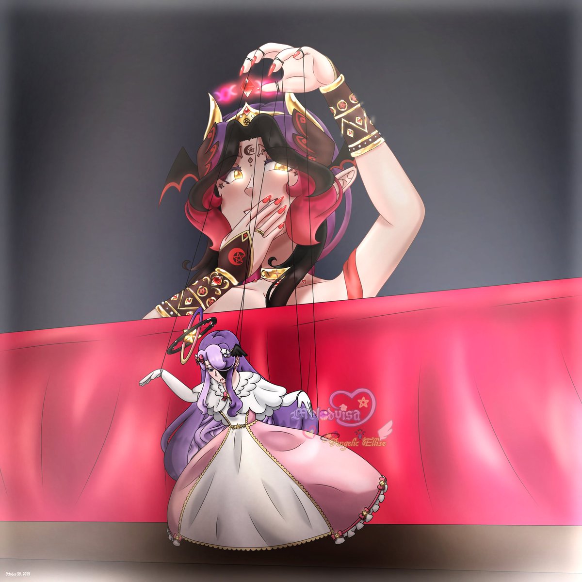 Cringe circus 🎪
Despite the fact that I don't celebrate #Halloween at all, I thought it would be the perfect moment to draw this. I had the idea a while ago actually 😅
It also has a bit of lore in this (check ALT) ✨

#personaart #manwha #royal #princess #ibispaint