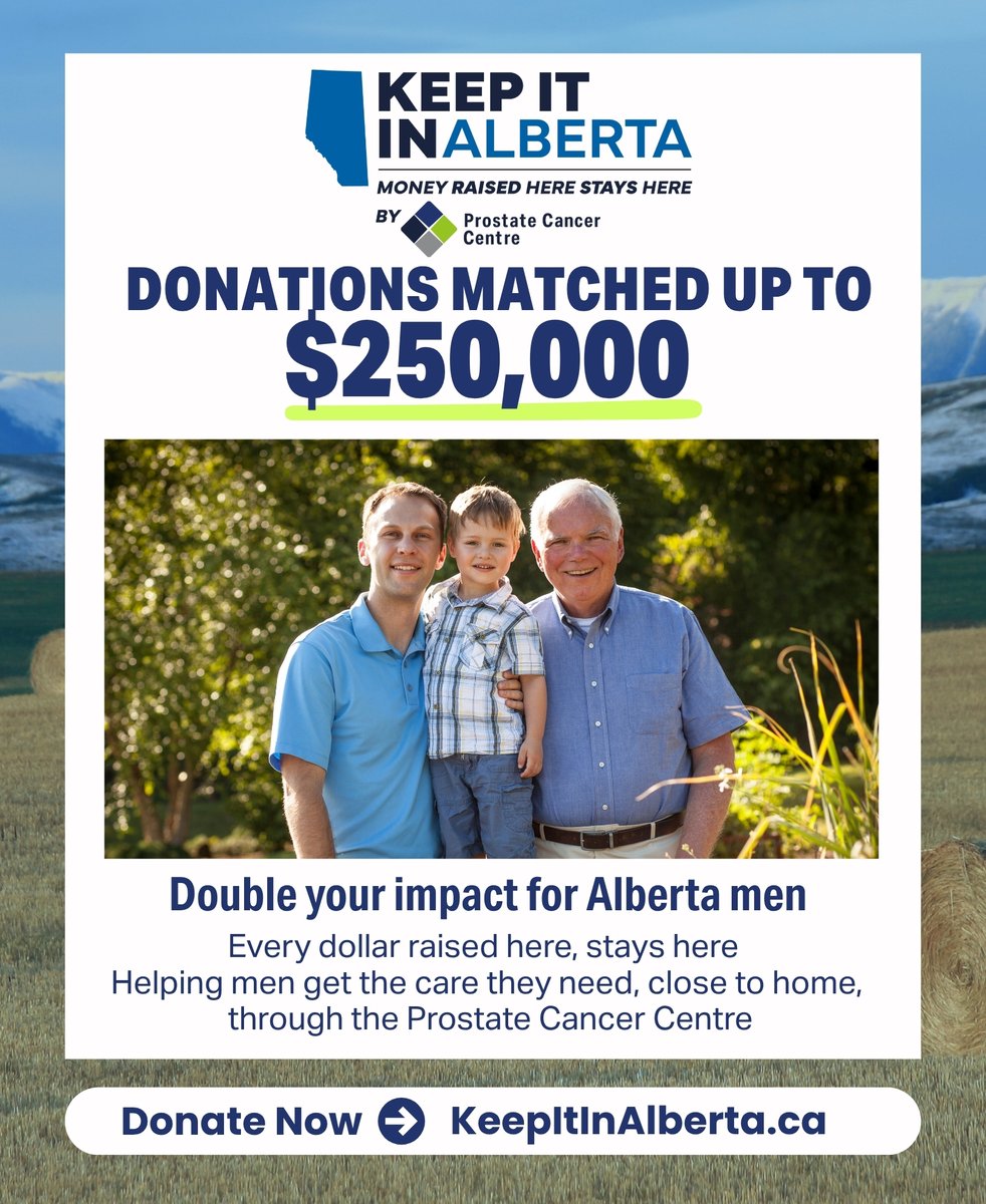 Now’s your chance to make twice the difference for Alberta men!
When you donate to the PCC, your gift stays in Alberta, funding early detection, free testing, and treatment support that changes lives for Alberta families.
💙 Join us and double your impact: KeepItInAlberta.ca