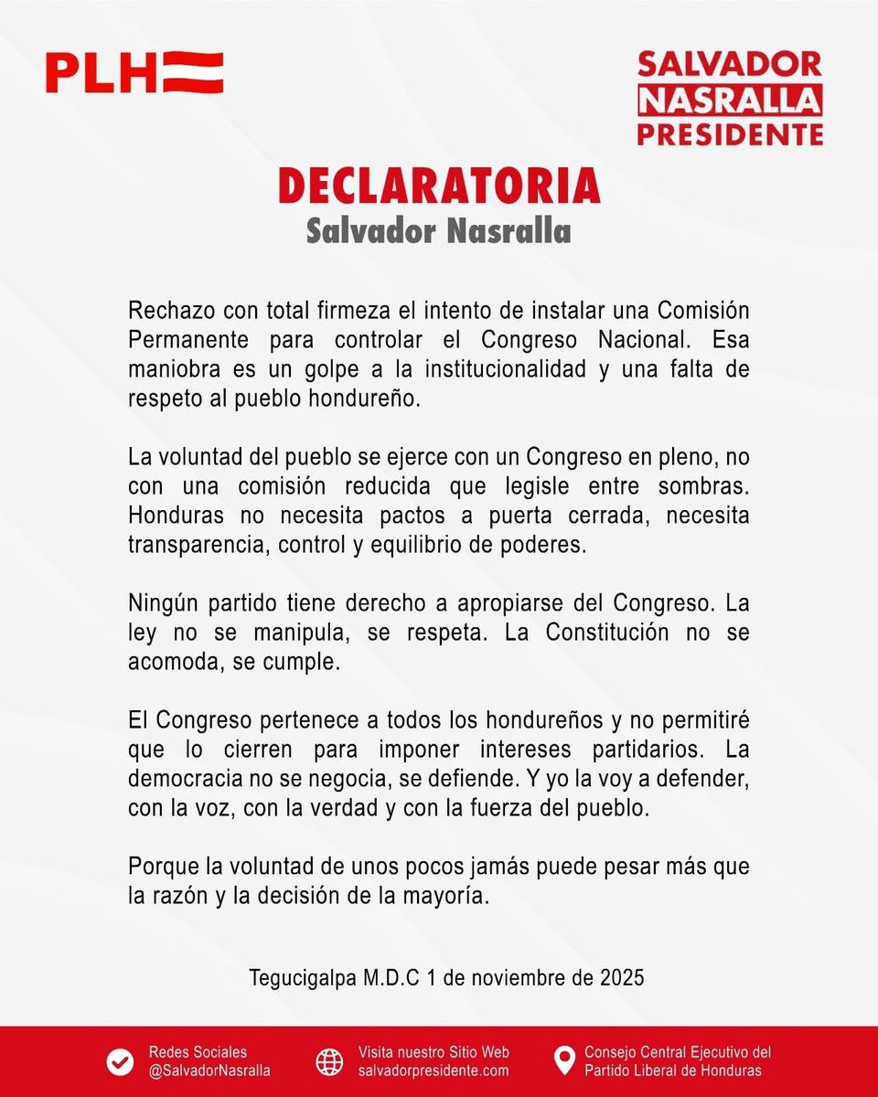 El candidato del <a href="/Oficial_PLH/">Partido Liberal de Honduras</a> <a href="/PLHonduras/">Partido Liberal de Honduras</a> se manifiesta en torno a la instalación de una comisión permanente en el CN.
¿Qué opinan?