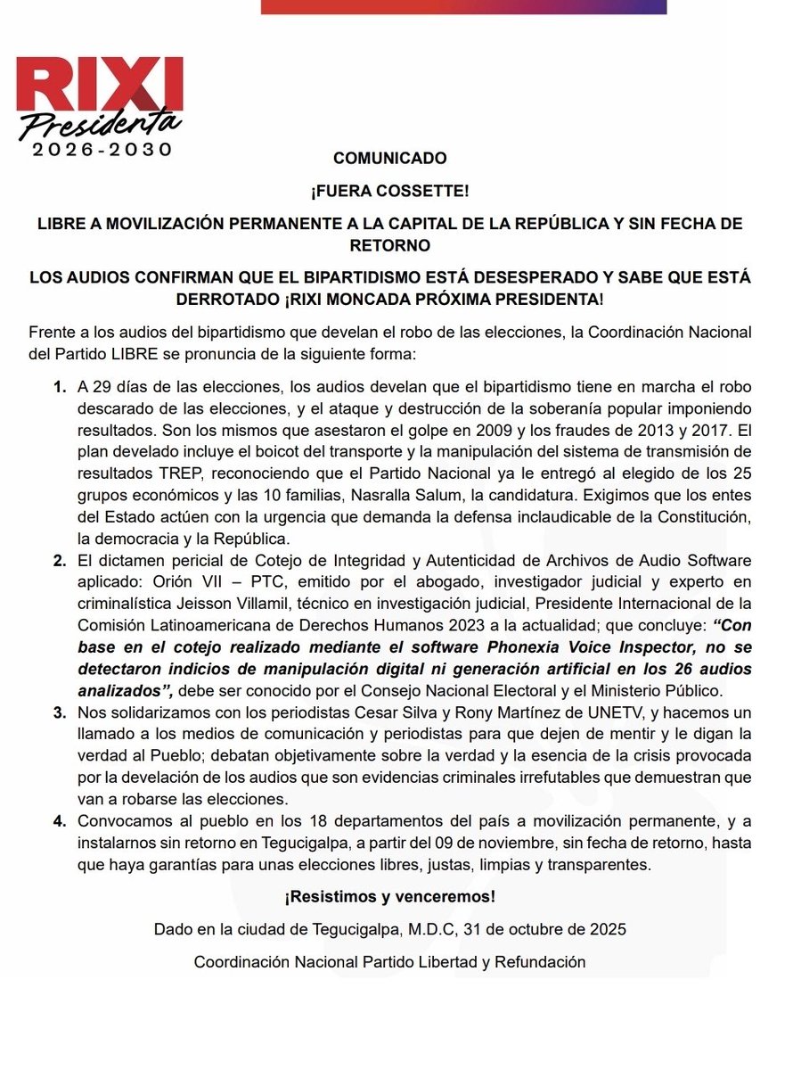 El Partido <a href="/PartidoLibre/">Partido Libre</a> pide a su militancia venir a la capital desde el.9 de noviembre (sin fecha de retorno).
¿Qué opinan?