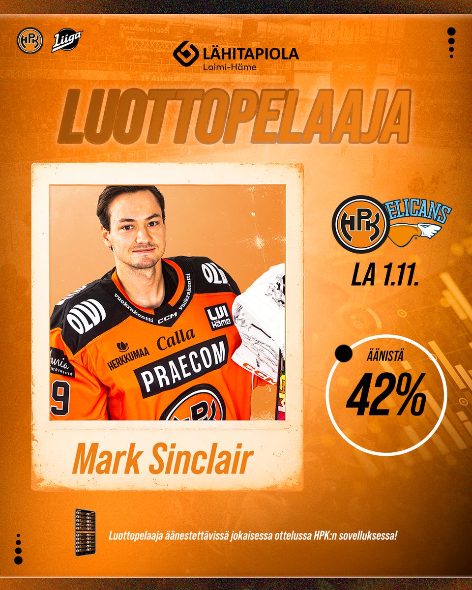 Kopit lauantai-iltana antoivat joukkueelle mahdollisuuden voittoon! Äänestitte Mark Sinclairin LähiTapiolan luottopelaajaksi lauantailta! 

Vakuuttavaa toimintaa Sinc!👏

#HPK #Liiga #Hämpton #LähiTapiola