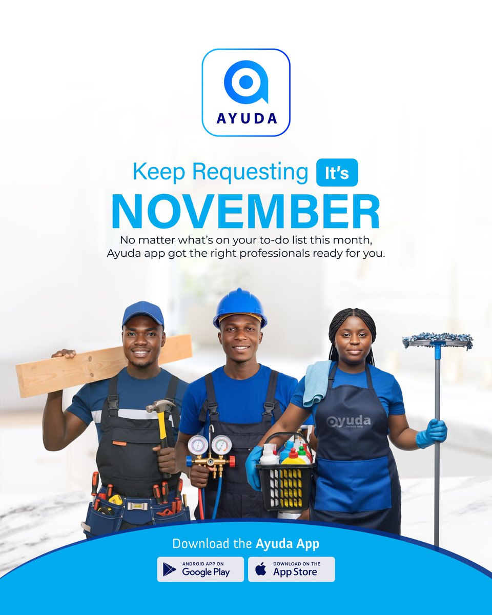 Ayudahub's tweet image. New month, same convenience!
Whether it’s cleaning, plumbing, AC servicing, painting or electricals — keep requesting on the Ayuda App this November.
We’re here to help, all month long. 💪

📲 Download the Ayuda App
🔗 onelink.to/ayuda
#AyudaApp #HereToHelp