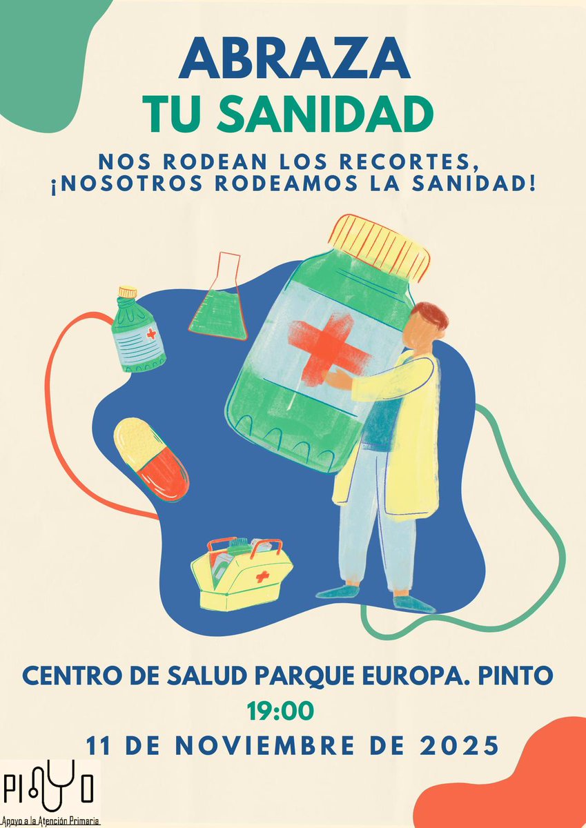 🩺💚 ¡Abraza tu sanidad!

📅 Martes, 11 de noviembre 🕖 19:00 h
📍 C.S. Parque Europa (Pinto)
Defendamos juntos una atención primaria digna.
Porque la sanidad pública se cuida entre todos.
Convoca: Plataforma Apoyo a la Atención Primaria 

#AbrazaTuSanidad #SanidadPública #Pinto