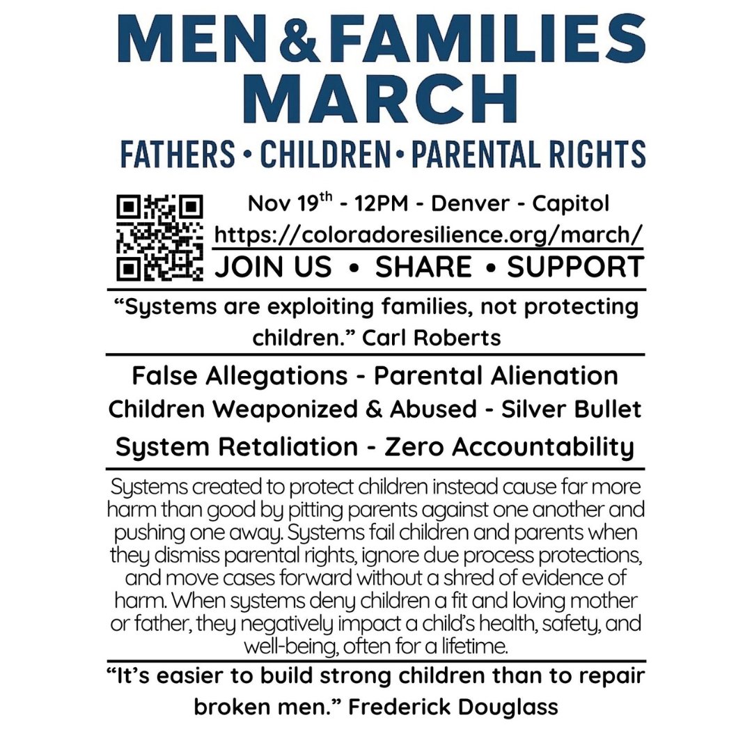 📢Children deserve better than broken Family Courts!
Protest with Colorado Resilience <a href="/CO_Resilience1/">Carl Roberts</a> : 
Wednesday, Nov 19, 12pm, Denver, Colorado, at the Capitol.

Wanna Help? Do this:
-Grab your spot (link below)
-Tell everyone
-Support at their site

Register here: