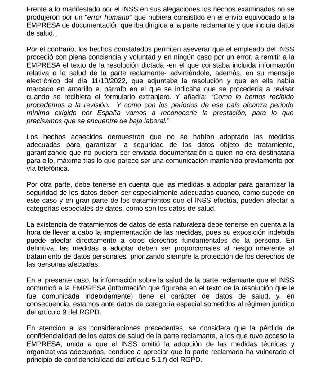 📌 PS-00256-2023 (Publicado octubre 2025)
#INSS
✅ Envío, por parte de un empleado del INSS, de documentación a un tercero que incluía datos de salud de la parte reclamante. 
🟣 Pérdida de confidencialidad
💥 Infracción art. 5.1.f) del RGPD aepd.es/documento/ps-0…