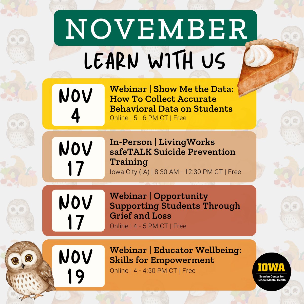 iowa_scsmh's tweet photo. Thankful for educators? Always. 💛 This November, invest a little time in yourself with 4 free professional learning sessions packed with tools to help you (and your students) thrive!

Register ➡️ https://t.co/CxINaocp2w https://t.co/idfKHjf6Bk