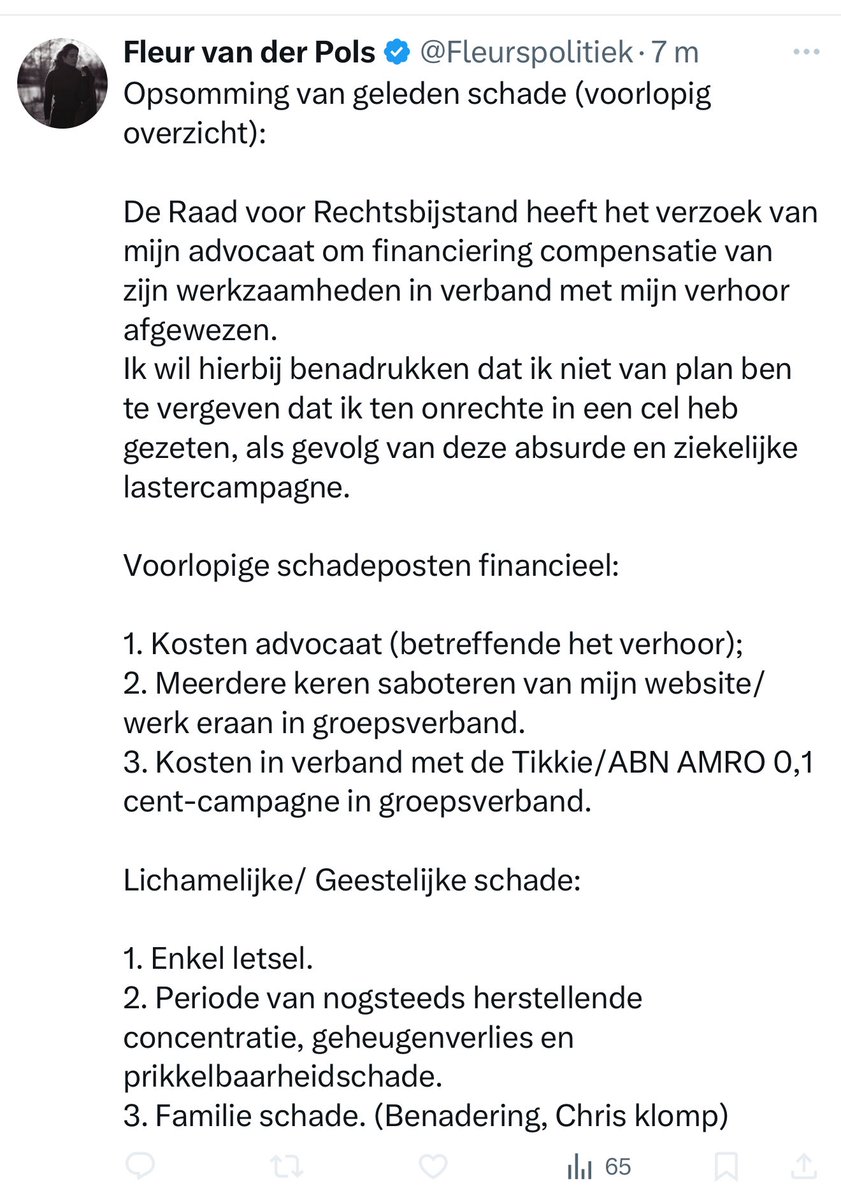 Dat ze andere, met namen <a href="/chrisklomp/">Chris Klomp</a> en <a href="/NDikkeboom/">Norbert Dikkeboom</a> , overal de schuld van probeert te geven is al belachelijk….maar blijkbaar wil dat mokkel er ook nog financiële compensatie voor hebben! 
Fleur is Delulu in lalaland!