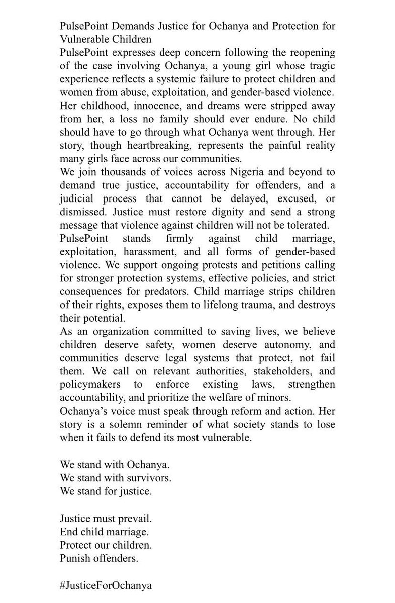 pulsepointngo's tweet image. Justice for Ochanya is justice for every child. We won't stay silent as abuse, exploitation &amp;amp; child marriage destroy lives. We demand accountability &amp;amp; protection for the vulnerable. Every child deserves safety &amp;amp; dreams.

#JusticeForOchanya #EndChildMarriage #ProtectOurChildren