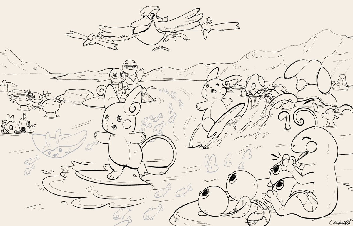 WIP
Took a short break from comms to draw some water pokemon. They're having a raichu race
