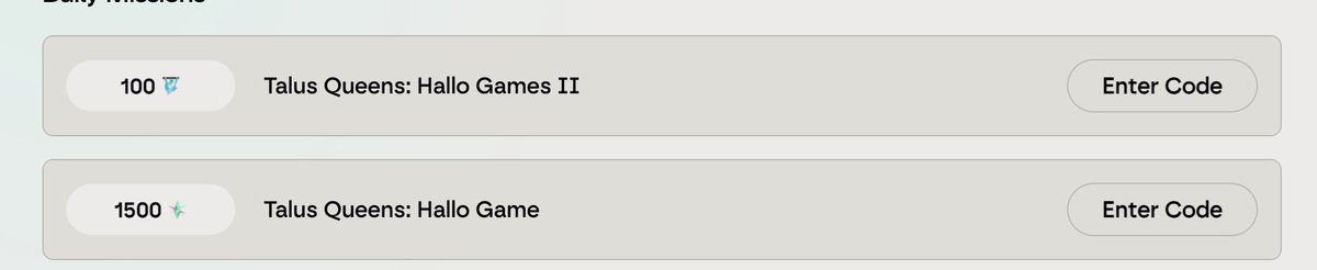 Kodlar için biraz geç kaldım ama hâlâ zaman var! ⏰
Her iki etkinliğin kodu da bring 💫

Talus Queens: Hallo Games II — bring
Talus Queens: Hallo Game — bring

Still got time to catch up! ⏰
Both events share the same code: bring 💫