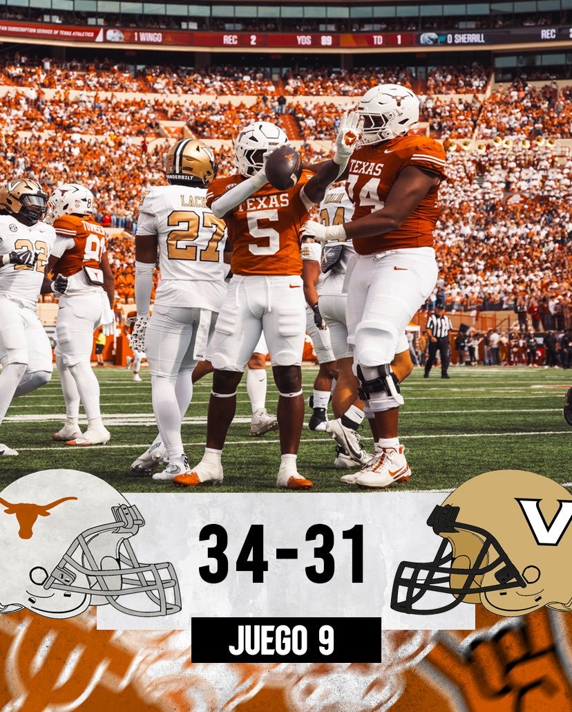 FINAL. Victoria de Longhorns!!! que dejan su récord en 7-2 (4-1 SEC) #HookEm  #VivaLonghorns 
<a href="/mundodelovoide/">Mundo del Ovoide</a> <a href="/LAuTrEK/">Laura Sandoval (Miss Running Bomb💥)</a> <a href="/CuarentaAcres/">Cuarenta Acres</a> <a href="/TexasFr/">Texas Longhorns France</a>