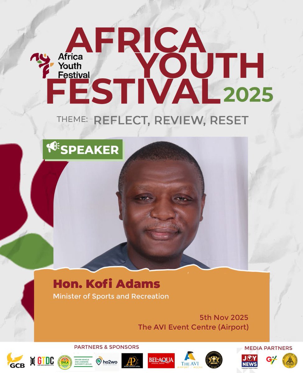 ifedglobal's tweet photo. Meet Hon. Kofi Adams, Minister for Youth and Sports, at the Africa Youth Festival 2025 in Accra! 🇬🇭

🗓 November 4th – 9th, 2025

📍 5th November @AVI Events Centre, Airport.

📍 Subsequent activities from 6th November @University of Ghana, Legon – Accra. https://t.co/lxCAILN4BO