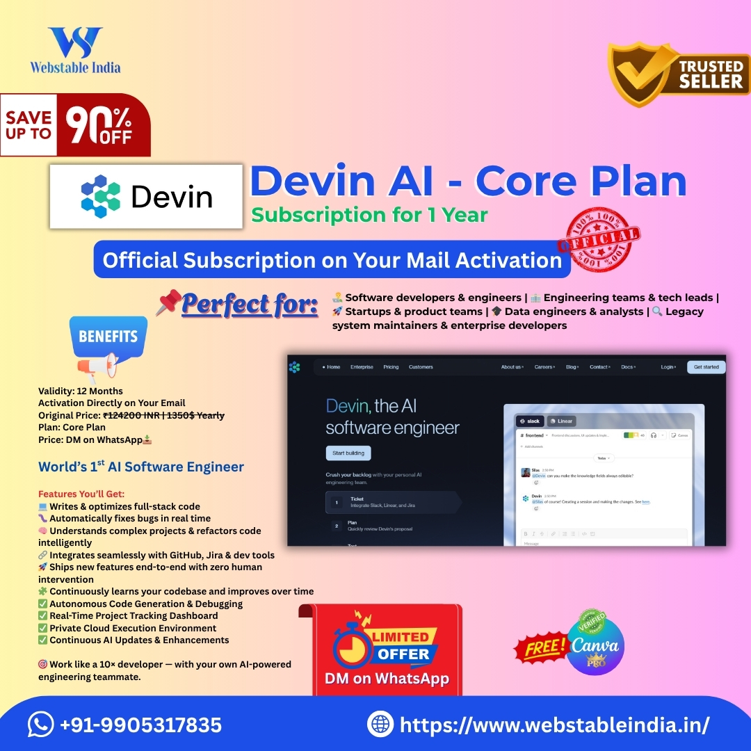 webstableindia's tweet image. 💻 𝐃𝐞𝐯𝐢𝐧 𝐂𝐨𝐫𝐞 – 𝟏 𝐘𝐞𝐚𝐫 𝐒𝐮𝐛𝐬𝐜𝐫𝐢𝐩𝐭𝐢𝐨𝐧 -🔥 𝐀𝐯𝐚𝐢𝐥𝐚𝐛𝐥𝐞 🤖✨
Your Remote AI Software Engineer – Code Smarter. Ship Faster.
World’s 1st AI Software Engineer

📱DM Now 👇👇
🌐webstableindia.in/product/devin-…
☎️wa.me/+91-9905317835

#DevinAI #devinai
