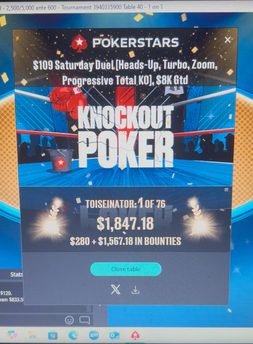 Get in!!!! <a href="/PokerStars/">PokerStars</a> title number 12 🏆 knew it was coming! Just won the $109 Saturday night Duel total knockout tournament on Pokerstars for $1847.18 1/76 let’s go! ♥️♣️♦️🍀😎💴💰