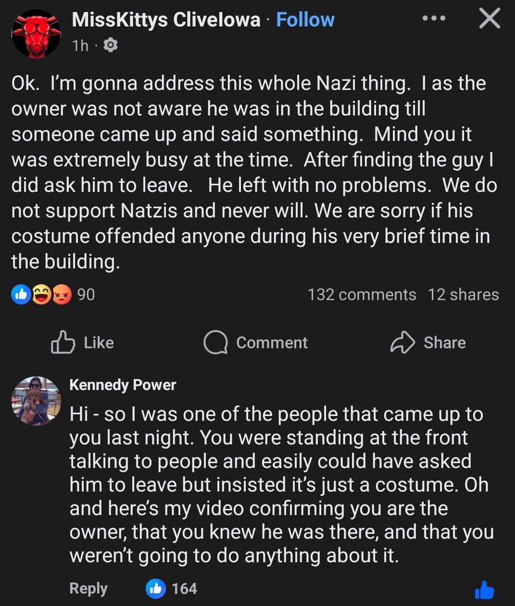 An0th3rDud3's tweet image. @TizzyEnt 

facebook.com/share/17fcZ5Um…

Central Iowa (Clive - Greater Des Moines Area), bar owner tries to cover their ass after letting a dude dressed up as Nazi officer in for Halloween. 

Proceeds to get called out with video evidence in the top comment.