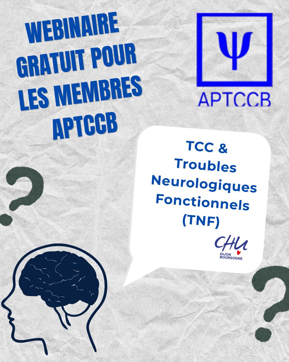 AptccbO's tweet photo. Bonjour à toutes et à tous
Nous aurons le plaisir d'organiser un webinaire avec les équipes du CHU de Dijon.
Ce webinaire est gratuit pour les membres APTCCB.
Il portera sur le thème des  Troubles Neurologiques Fonctionnels.
#bourgognefranchecomté #CHUDijon #aptccb https://t.co/DNJjSAaQQN