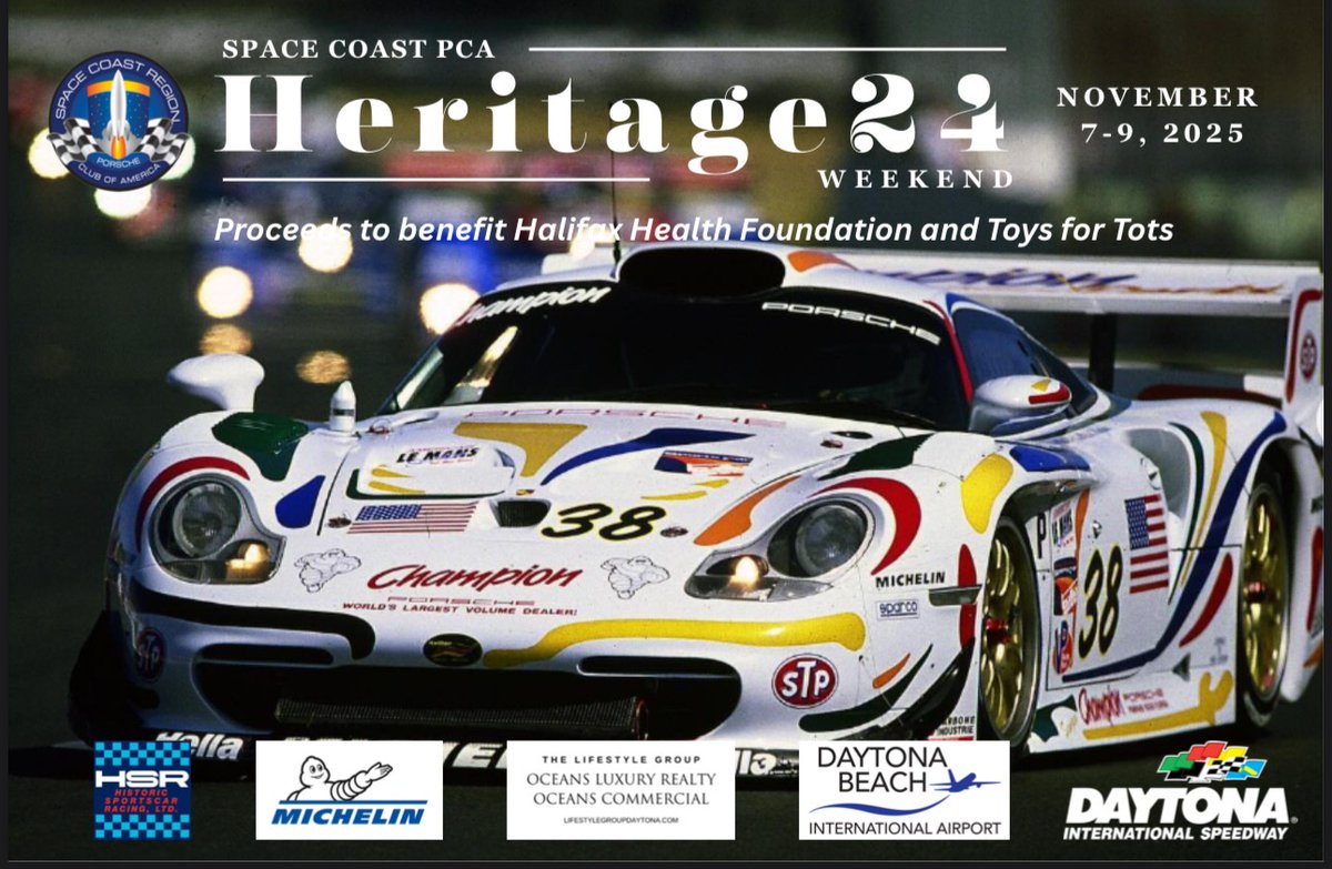 SportsInDB's tweet image. Calling all Porsche lovers! Don't miss the epic Heritage 24 Weekend hosted by Space Coast Region PCA at Daytona International Speedway, Nov. 7-9. Tag your Porsche-loving friends and make it an unforgettable weekend at DAYTONA!
Learn more: bit.ly/4qFsKyO
#LoveDaytonaBeach