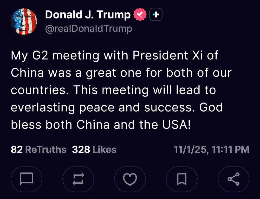 CryptoWabble's tweet image. JUST IN: 🇺🇸🇨🇳 #Trump on Truth Social says his G2 meeting with President Xi of #China was great for both countries and will lead to lasting peace and success.
