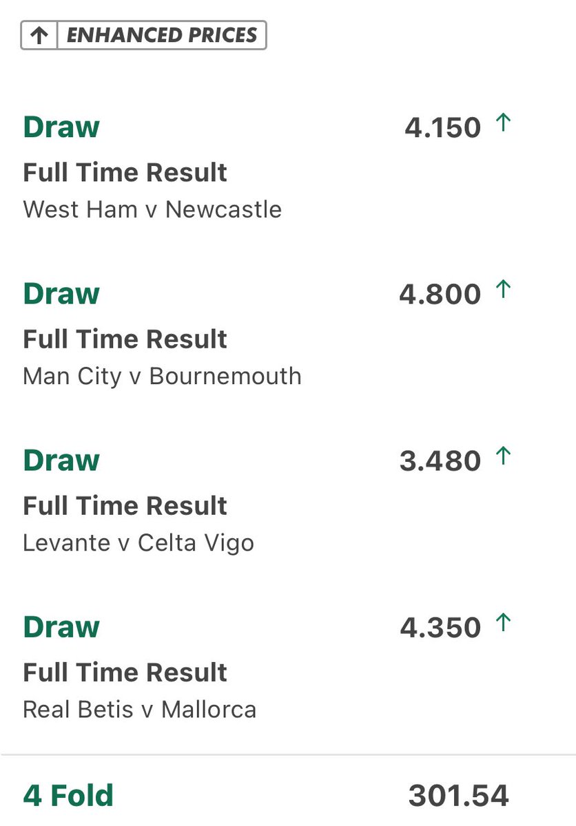 Alertfootytips1's tweet image. 301/1 SUNDAY 4 fold 👀🏆
£10 Returns £3,000🤩🔥🔔
If this bet wins I’ll giveaway £250 to two people who:
❤️Like this tweet
♻️Repost this tweet
📝Follow @Alertfootytips1
💷Join the FREE telegram group 👇🏻
